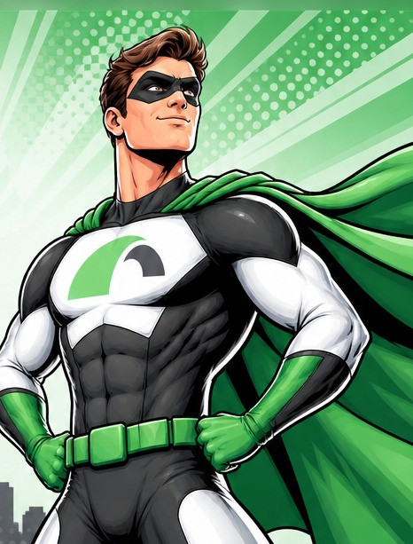 A comic-book superhero standing with hands on hips