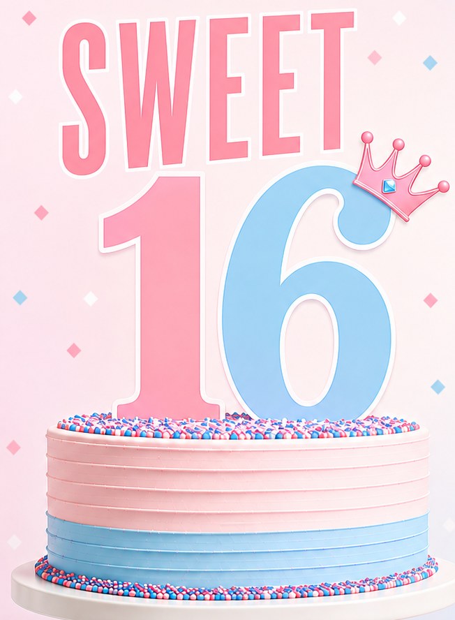 A pink and blue birthday cake with a Sweet 16 cake topper
